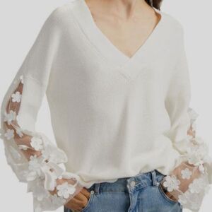French Connection Ivory V-Neck Sweater with Floral Mesh Sleeves